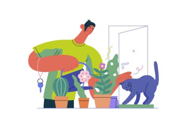 Karşılıklı Destek: Komşuların evine göz kulak olmak - İnsan sulama bitkilerinin modern düz vektör illüstrasyonu, komşulara göz kulak olmak - Gönüllü ve işbirlikçi hizmetler alışverişi metaforu