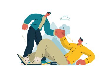 Karşılıklı Destek: Düşkün bir insanın kalkmasına yardım etmek - modern düz vektör konsepti, başka bir adamın gönüllü, işbirlikçi kaynak değişimi ve hizmetler metaforunu kaldırmasına yardım etmek