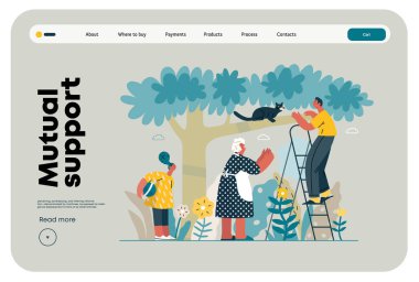 Mutual Support: Rescue cat from tree -modern flat vector concept illustration of elderly woman and man on a ladder under the tree Metaphor of voluntary, collaborative exchanges of resource, services clipart