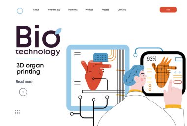 Bio Technology, 3 boyutlu organ baskısı, modern düz vektör konsepti, 3 boyutlu yazıcının insan kalbi yaratması. Organ naklindeki teknoloji metaforu ve rejeneratif tıbbın geleceği