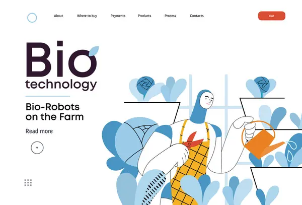 バイオテクノロジー 農業活動に従事するバイオロボットの現代的なフラットベクトルコンセプトイラスト ロボット工学とバイオテクノロジーの統合 効率性 持続可能性の指標 — ストックベクタ