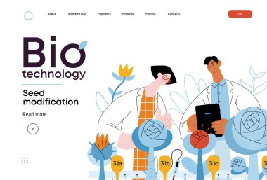 Bio Teknoloji, Tohum Modifikasyonu - Modern düz vektör konsepti bir bitkinin genetik değiştirilmiş varyantlarını analiz eden bilim adamları. GDO 'nun bitkiler üzerindeki doğrudan etkisinin metaforu