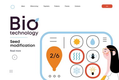 Bio Teknoloji, Tohum Modifikasyonu - Modern düz vektör konsepti bilim adamlarının tohum, genetik modifiye edilmiş varyantlar için özellikler seçtiğini gösteriyor. GDO 'nun bitkiler üzerindeki doğrudan etkisinin metaforu