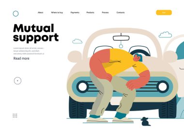 Karşılıklı Destek: Başıboş bir hayvanın -modern düz vektör kavramının benimsenmesi bir insanın arabasını yolda bir kedi yavrusu için durdurması gönüllü, işbirlikçi bir kaynak değişimi, hizmetler metaforu
