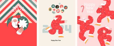 Noel Baba 'nın Noel kartpostalları - Noel ve yeni yıl sembollerinin modern düz vektör çizimleri, dikey kartpostallar