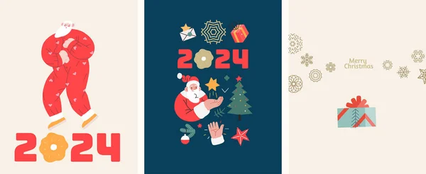 Cartes Postales Noël Avec Père Noël Illustrations Modernes Vectorielles Plates — Image vectorielle