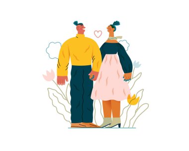 Şefkatli Anlar - modern düz vektör konsepti sevgi dolu bakışlar atan bir çiftin el ele tutuşması. Çiçek açan aşk, birlik, şefkat, bağlantı, büyüme metaforu