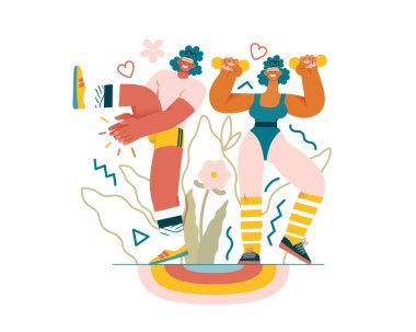 Fitness Duo, birlikte eğlenceli bir aerobik egzersizi yapan bir çiftin modern düz vektör çizimi. Ortaklıklarının gücü ve canlılığı için metafor.
