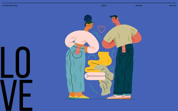 完美的合身 现代平面矢量概念的例证一对夫妇试穿牛仔裤在试衣间 比喻在爱情和生活中找到合适的伴侣 — 图库矢量图片