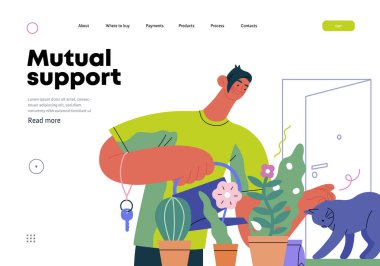 Karşılıklı Destek: Komşuların evine göz kulak olmak - İnsan sulama bitkilerinin modern düz vektör illüstrasyonu, komşulara göz kulak olmak - Gönüllü ve işbirlikçi hizmetler alışverişi metaforu