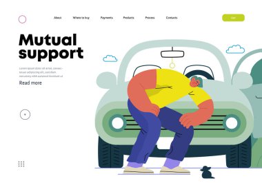 Karşılıklı Destek: Başıboş bir hayvanın -modern düz vektör kavramının benimsenmesi bir insanın arabasını yolda bir kedi yavrusu için durdurması gönüllü, işbirlikçi bir kaynak değişimi, hizmetler metaforu
