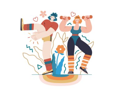 Fitness Duo, birlikte eğlenceli bir aerobik egzersizi yapan bir çiftin modern düz vektör çizimi. Ortaklıklarının gücü ve canlılığı için metafor.