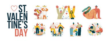 Valentines day illustrations set - modern flat vector concept illustrations of couples celebrating their love, acting together, floral environment. Metaphor of unity, affection, love, connection clipart