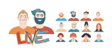 Valentine: Spectrum of Love - modern flat vector concept illustration of a vibrant array of individual portraits celebrating loves diverse expressions. Metaphor for the universal language of love clipart
