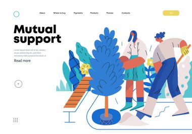 Karşılıklı Destek: Toplum bahçesi iyileştirmesi -ağaç ve bitki eken insanların modern düz vektör konsepti- Gönüllü, işbirlikçi kaynak değişimi, hizmetler metaforu