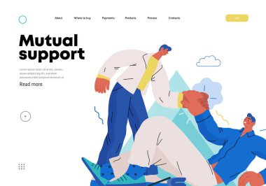 Karşılıklı Destek: Düşkün bir insanın kalkmasına yardım etmek - modern düz vektör konsepti, başka bir adamın gönüllü, işbirlikçi kaynak değişimi ve hizmetler metaforunu kaldırmasına yardım etmek