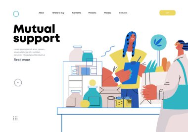 Karşılıklı Destek: Yiyecek bankasına erzak getirmek -modern düz vektör konsepti insanların gıda kilerine gıda bağışlamasının bir gönüllü, işbirlikçi kaynak değişimi, hizmetler benzetmesi