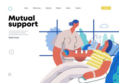 Karşılıklı Destek: Kan bağışı - hemşire ve kadının kan bağışı yaptığı modern düz vektör konsepti. Gönüllü, işbirlikçi kaynak değişimi, hizmetler metaforu.