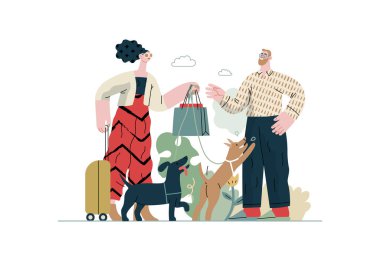 Karşılıklı Destek: Evcil hayvan bakıcılığı - modern düz vektör konsepti bir kadının köpeğini komşuya bırakarak tatile çıkışını gösteriyor. Gönüllü, işbirlikçi kaynak ve hizmetler değiş tokuşu metaforu