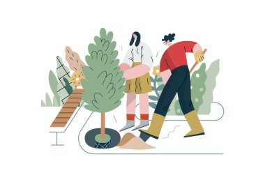 Karşılıklı Destek: Toplum bahçesi iyileştirmesi -ağaç ve bitki eken insanların modern düz vektör konsepti- Gönüllü, işbirlikçi kaynak değişimi, hizmetler metaforu