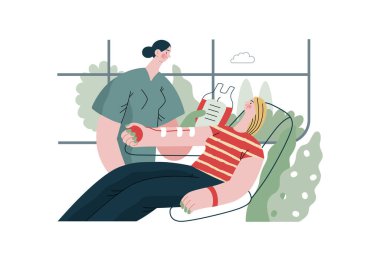 Karşılıklı Destek: Kan bağışı - hemşire ve kadının kan bağışı yaptığı modern düz vektör konsepti. Gönüllü, işbirlikçi kaynak değişimi, hizmetler metaforu.