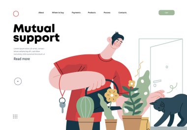 Karşılıklı Destek: Komşuların evine göz kulak olmak - İnsan sulama bitkilerinin modern düz vektör illüstrasyonu, komşulara göz kulak olmak - Gönüllü ve işbirlikçi hizmetler alışverişi metaforu