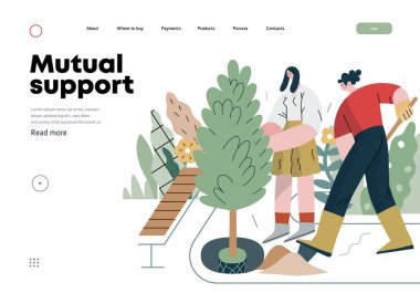 Karşılıklı Destek: Toplum bahçesi iyileştirmesi -ağaç ve bitki eken insanların modern düz vektör konsepti- Gönüllü, işbirlikçi kaynak değişimi, hizmetler metaforu