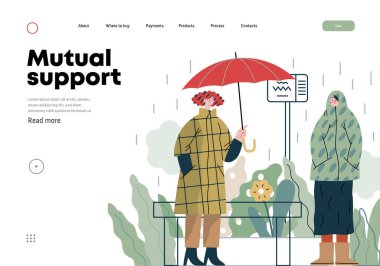 Mutual Support: Offer an umbrella to a stranger -modern flat vector concept illustration of a at a bus stop in the rain offering an umbrella A metaphor of voluntary, collaborative exchanges clipart