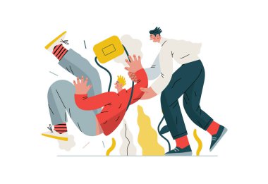Mutual Support, Assisting Falling Person- modern flat vector concept illustration of man slipping, another supports him, preventing fall. Metaphor of voluntary, collaborative exchange of service clipart