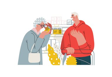 Mutual Support: Helping a visually impaired person -modern flat vector concept illustration of man offering to read label for woman in supermarket A metaphor of voluntary, collaborative exchanges clipart