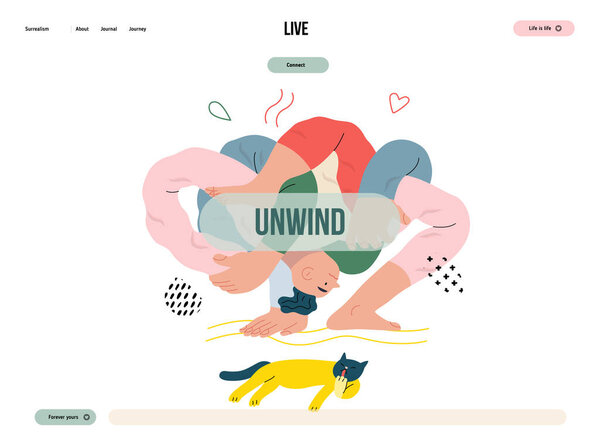 Жизнь без границ: йога - современная плоская векторная иллюстрация человека, связавшего себя узлом, занимающегося йогой. Метафора непредсказуемости, воображения, причуд, цикла существования, игры, роста и открытия