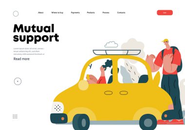 Karşılıklı Destek: Arabayı park etmede yardım -modern düz vektör konsepti paralel park eden kadına yardım eden erkeğin resmedilmesi- Gönüllü iş birliği ve hizmet alışverişi metaforu