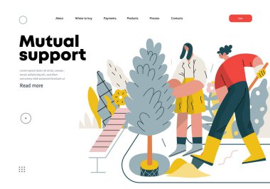 Karşılıklı Destek: Toplum bahçesi iyileştirmesi -ağaç ve bitki eken insanların modern düz vektör konsepti- Gönüllü, işbirlikçi kaynak değişimi, hizmetler metaforu