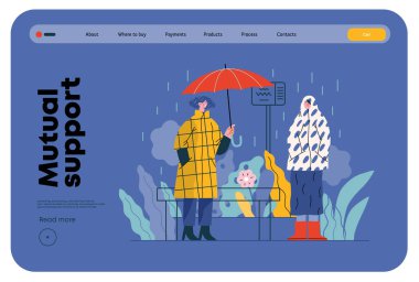Mutual Support: Offer an umbrella to a stranger -modern flat vector concept illustration of a at a bus stop in the rain offering an umbrella A metaphor of voluntary, collaborative exchanges clipart