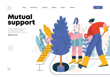 Karşılıklı Destek: Toplum bahçesi iyileştirmesi -ağaç ve bitki eken insanların modern düz vektör konsepti- Gönüllü, işbirlikçi kaynak değişimi, hizmetler metaforu