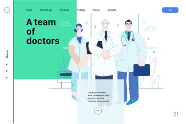 Tıbbi sigorta -medikal rehber - modern düz vektör konsepti dijital illüstrasyon - birlikte duran tıbbi uzmanlar, doktor konsepti, tıbbi büro veya laboratuvar