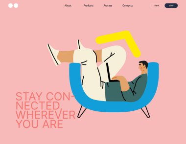 Yaratıcı çalışma alanı, modern düz vektör konsepti. Uzaktan kumandalı iş, esneklik, bağımsızlık, verimlilik, hareketlilik, sinerji, özgürlük ile çalışan bir adamın çizimi.