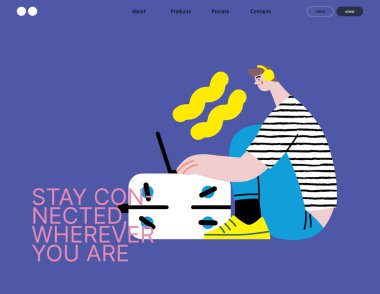 Yaratıcı çalışma alanı, modern düz vektör konsepti bavul üzerinde dizüstü bilgisayarla çalışan bir adamın tasviri uzaktan çalışma, esneklik, bağımsızlık, verimlilik, hareketlilik, sinerji, özgürlük