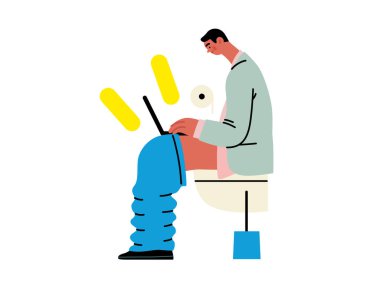 Yaratıcı çalışma alanı, modern düz vektör konsepti. Uzaktan kumandalı iş, esneklik, bağımsızlık, verimlilik, hareketlilik, sinerji, özgürlük ile tuvalette çalışan bir adamın tasviri.