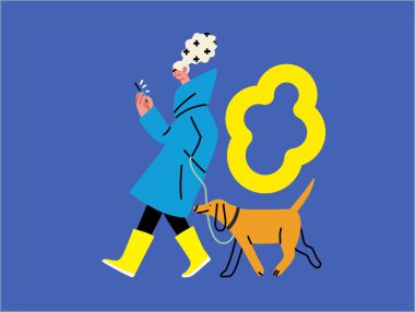 Yaratıcı çalışma alanı, modern düz vektör konsepti köpek kumandalı iş, esneklik, bağımsızlık, verimlilik, hareketlilik, sinerji, özgürlük ile çalışan bir kadının çizimi