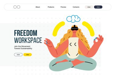 Yaratıcı çalışma alanı, modern düz vektör konsepti. Uzaktan kumandalı iş, esneklik, bağımsızlık, verimlilik, hareketlilik, sinerji, özgürlük ile meditasyon yapan bir kadın.