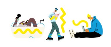 Yaratıcı çalışma alanı, modern düz vektör konsepti bir bilgisayarla uzaktan çalışma, esneklik, bağımsızlık, verimlilik, hareketlilik, sinerji, özgürlük