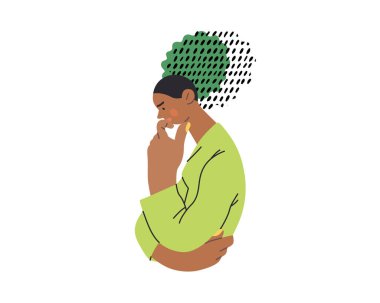 Thinking people, modern flat vector concept illustration- woman standing thoughtfully, looking down. Metaphor for reflection, analysis, introspection, contemplation, deep thought clipart