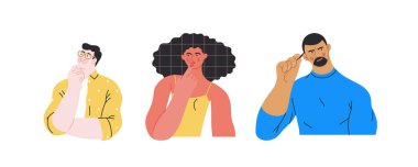 Düşünen insanlar, modern düz vektör illüstrasyonları düşünceli bir şekilde ayakta duran insanlar. Yansıma, analiz, içgözlem, tefekkür, derin düşünce metaforu.