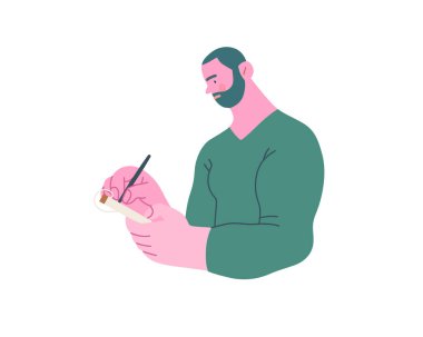 İnsanları yazmak, modern düz vektör konsepti çizimi düşünceli bir şekilde deftere yazan adam. Yansıma metaforu, kişisel içgörü, tefekkür, yaratıcı ifade