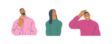 Düşünen insanlar, modern düz vektör illüstrasyonları düşünceli bir şekilde ayakta duran insanlar. Yansıma, analiz, içgözlem, tefekkür, derin düşünce metaforu.