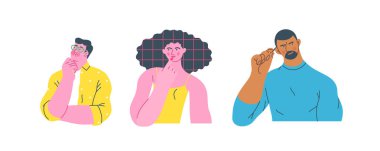 Düşünen insanlar, modern düz vektör illüstrasyonları düşünceli bir şekilde ayakta duran insanlar. Yansıma, analiz, içgözlem, tefekkür, derin düşünce metaforu.