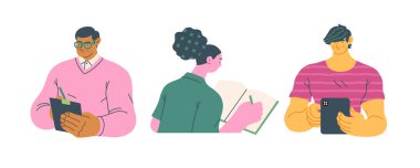 İnsanları yazmak, modern düz vektör illüstrasyonları insanları kağıda ya da cihaza yazmaya zorluyor. Yansıma, içgörü, tefekkür, yaratıcı ifade metaforu