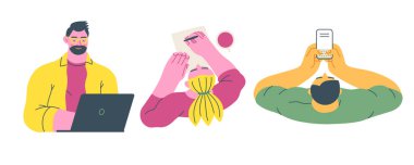 İnsanları yazmak, modern düz vektör illüstrasyonları insanları kağıda ya da cihaza yazmaya zorluyor. Yansıma, içgörü, tefekkür, yaratıcı ifade metaforu