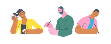 İnsanları yazmak, modern düz vektör illüstrasyonları insanları kağıda ya da cihaza yazmaya zorluyor. Yansıma, içgörü, tefekkür, yaratıcı ifade metaforu